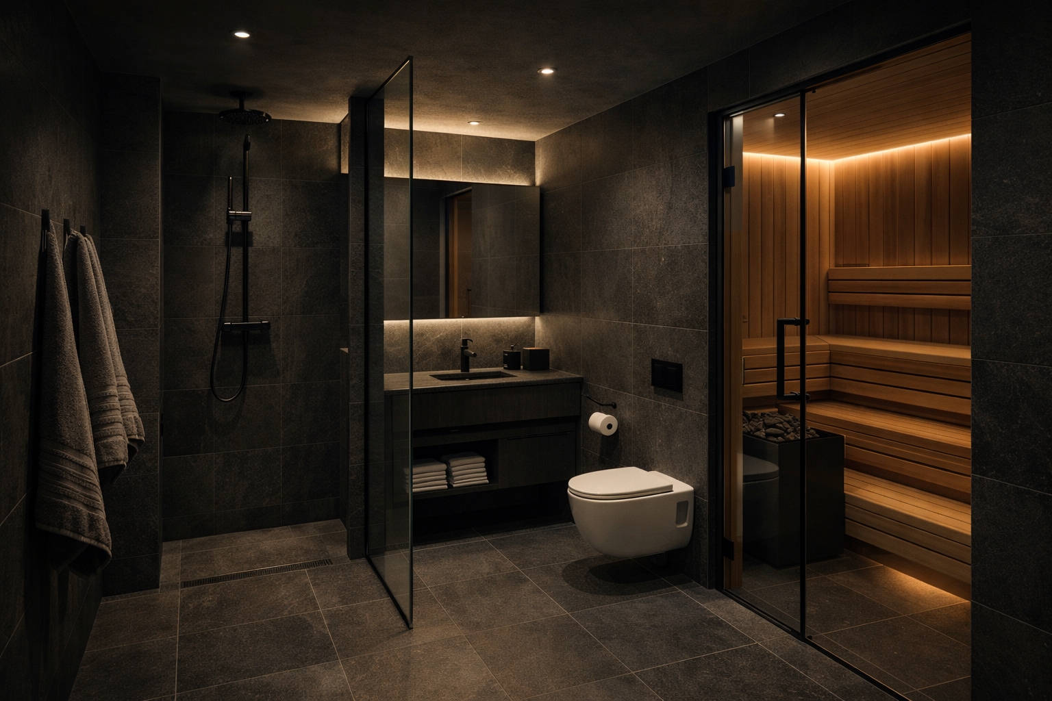 Private bathroom and sauna at Reclusion private gym Dorking